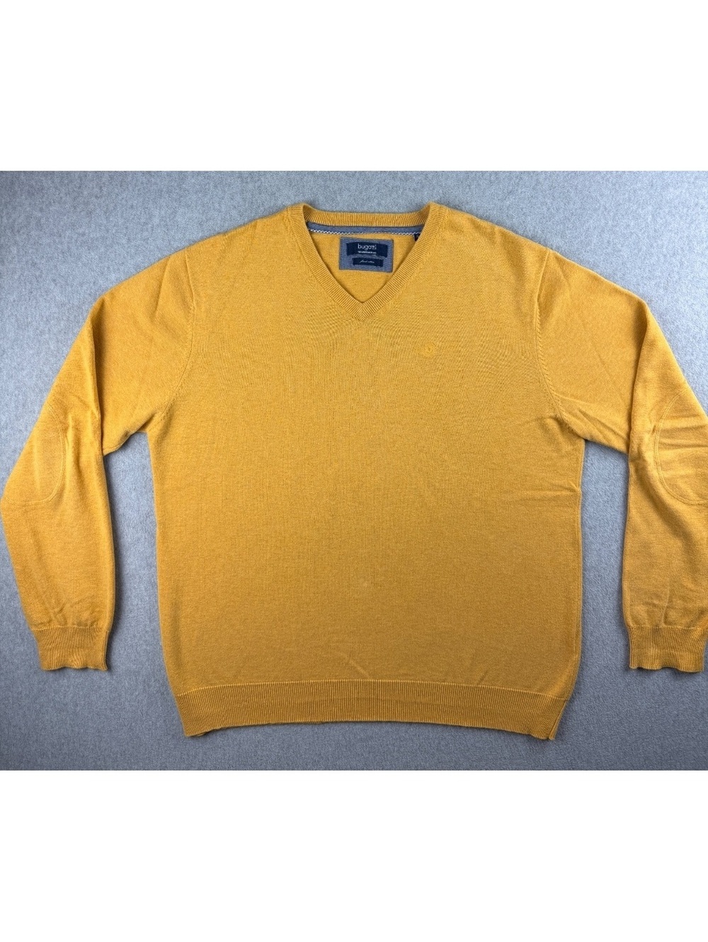 Bugatti Men's Mustard Yellow V-Neck Cotton Sweater with Elbow Patches XL